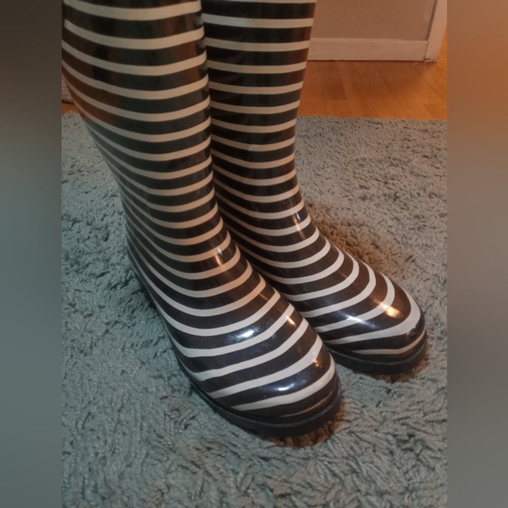 Rain boots, black and white stripped, size 10